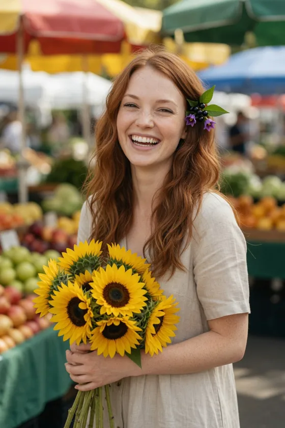 Atropa, sunflowers: A market, a linen dress, an armful of sunflowers.
